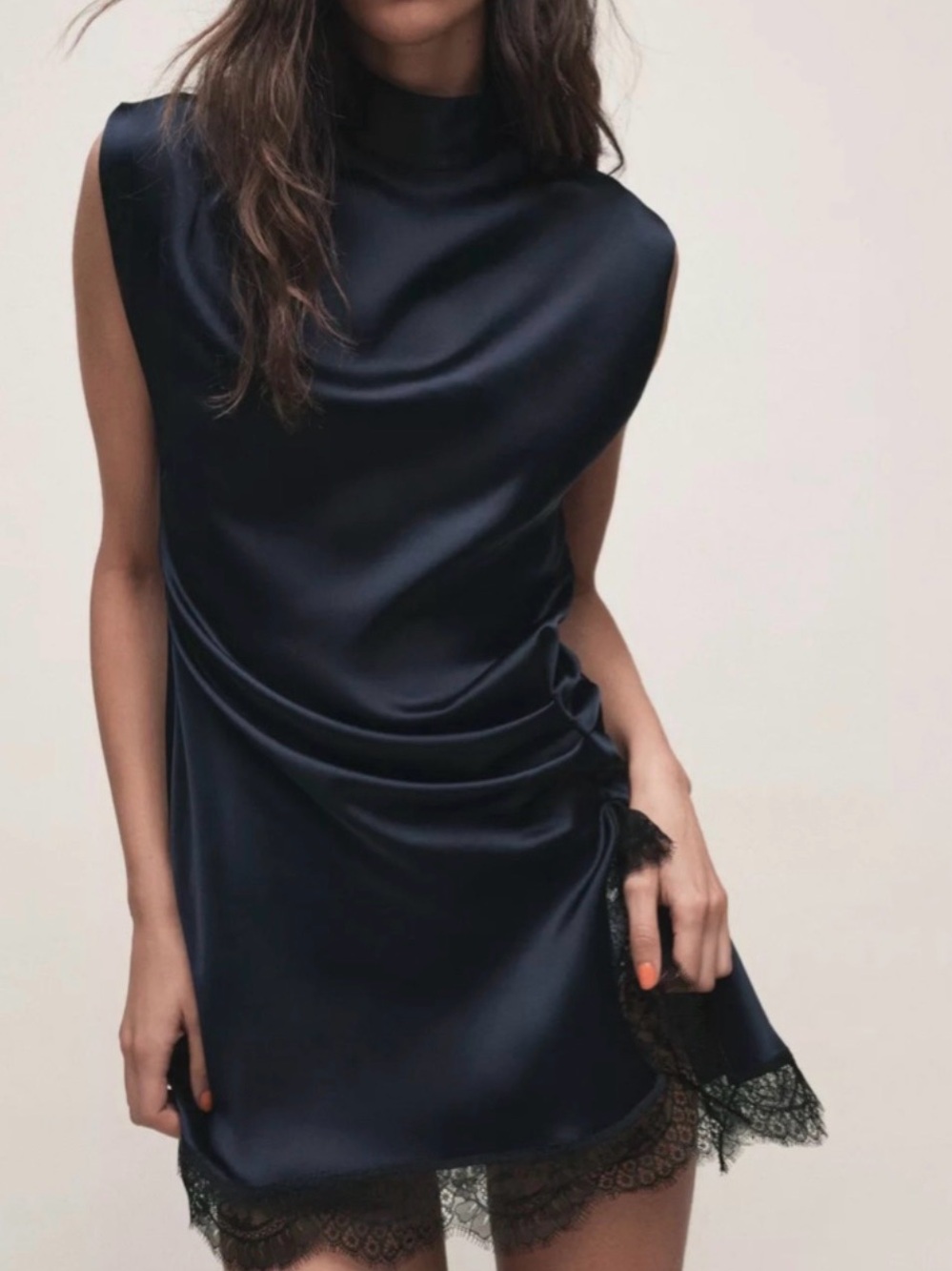 Zara Navy Satin Lace-Trim Mini Dress